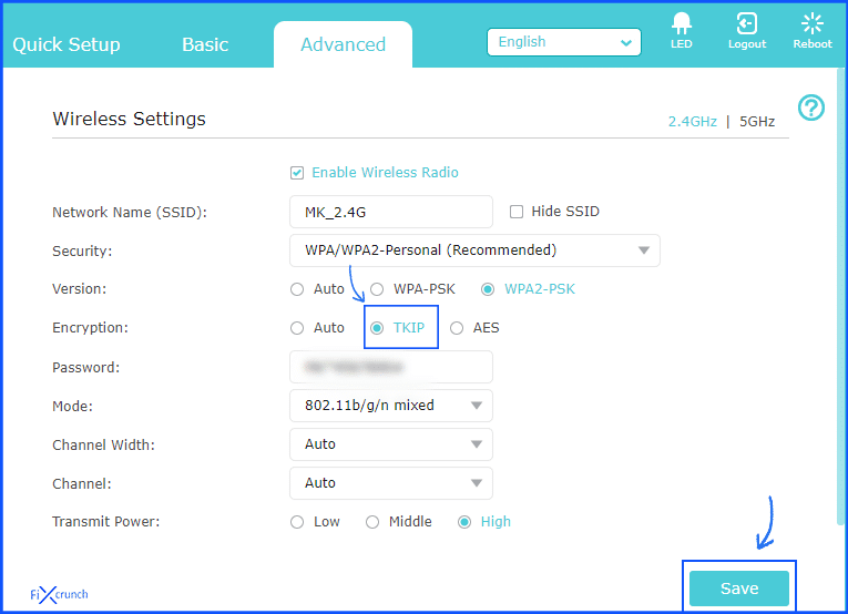 router TKIP settings