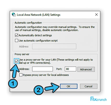 Use a proxy server for your LAN (These settings will not apply to dial-up or VPN connections)