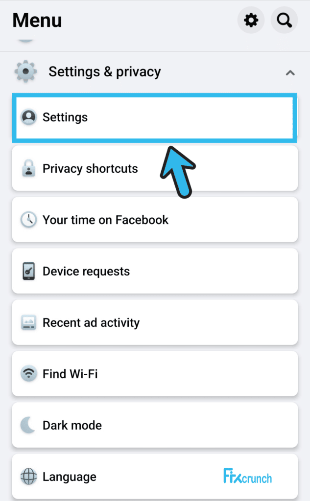 Facebook Settings Option