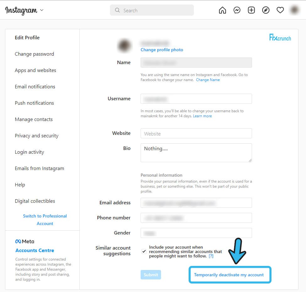 Temporarily disable my account in Instagram